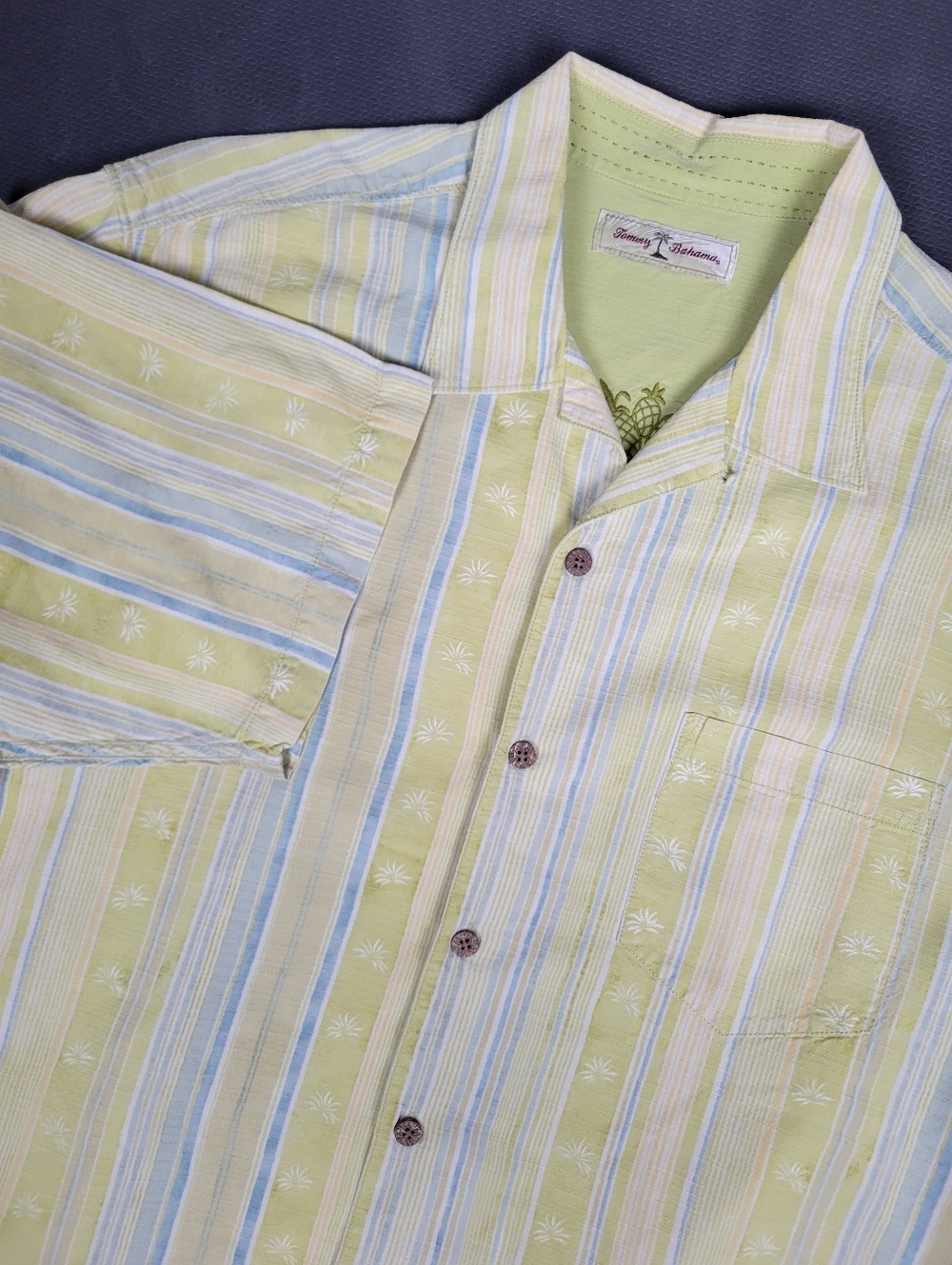 Tommy Bahama Men's 100% Silk Yellow Striped Short Sleeve Hawaiian Shirt Large